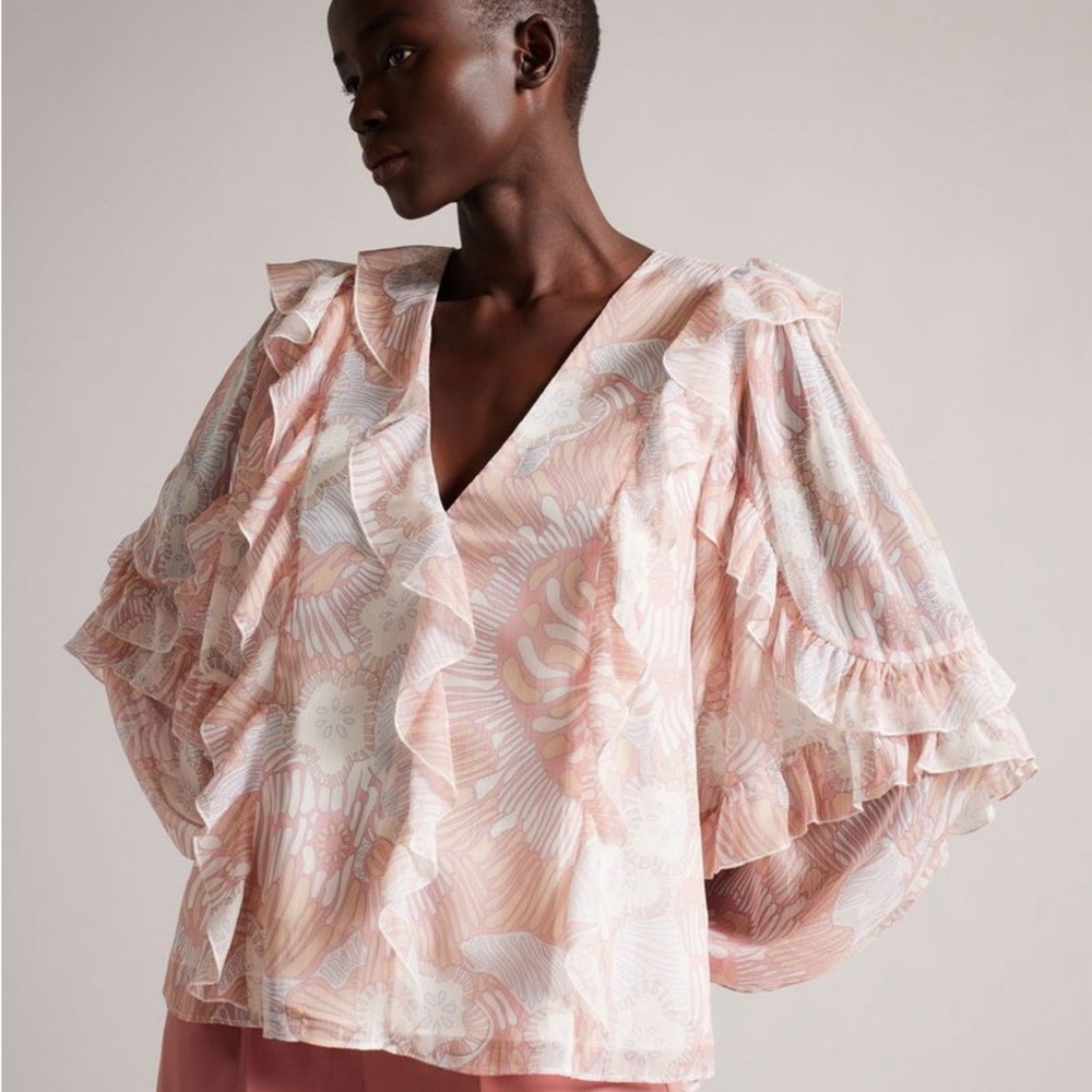 Ted Baker Siela Abstract Print Ruffle Blouse | Size 1